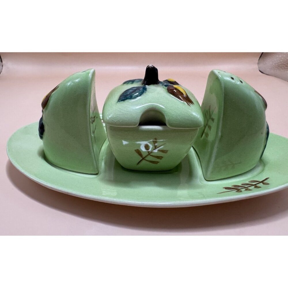 Carlton Ware Cruet Set on Tray Hazelnut 2330 Rare Green Gloss